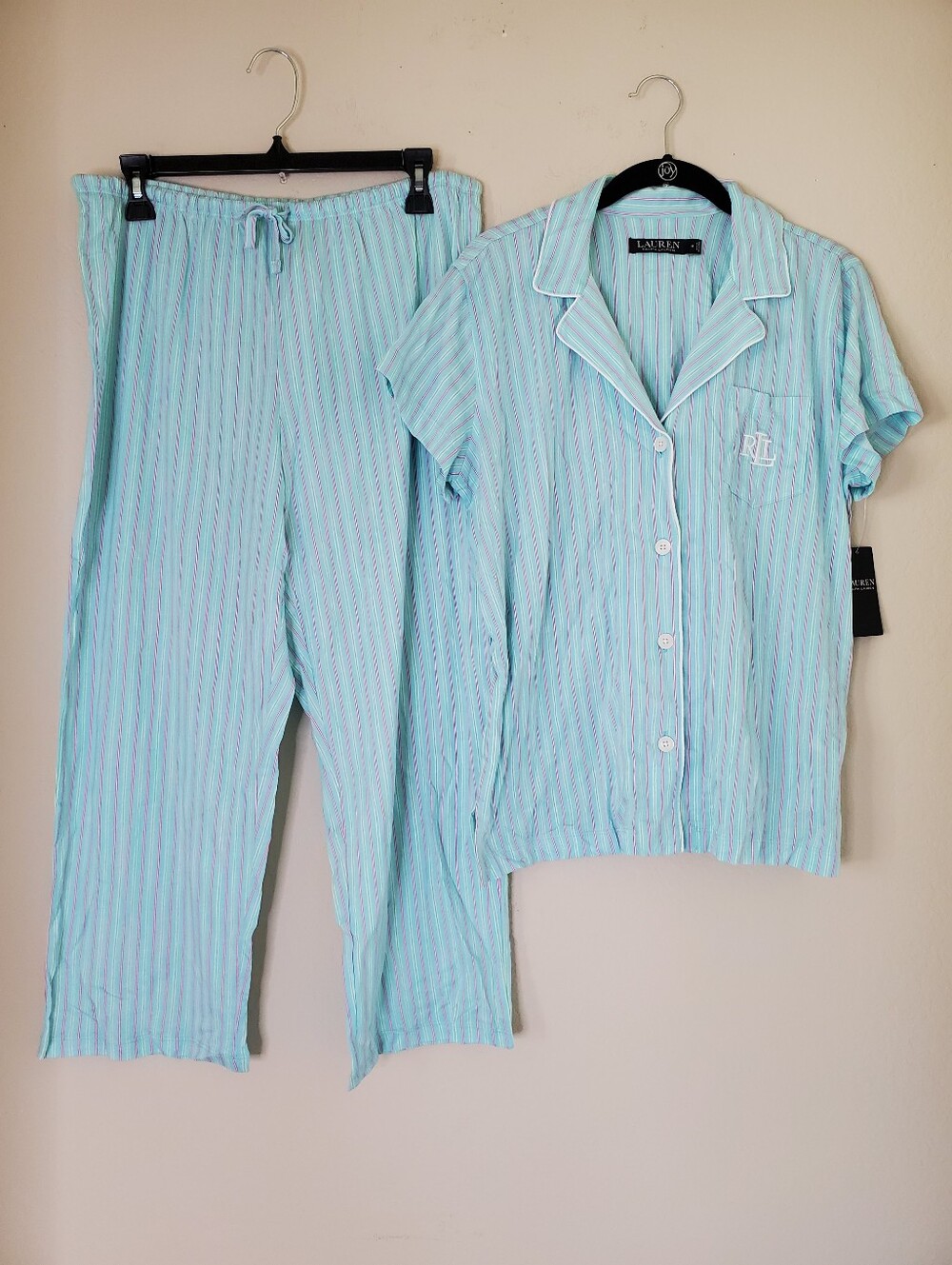 Lauren Ralph Lauren Womens Pajama Set Turquoise Striped Shirt Cropped Pants Sz M